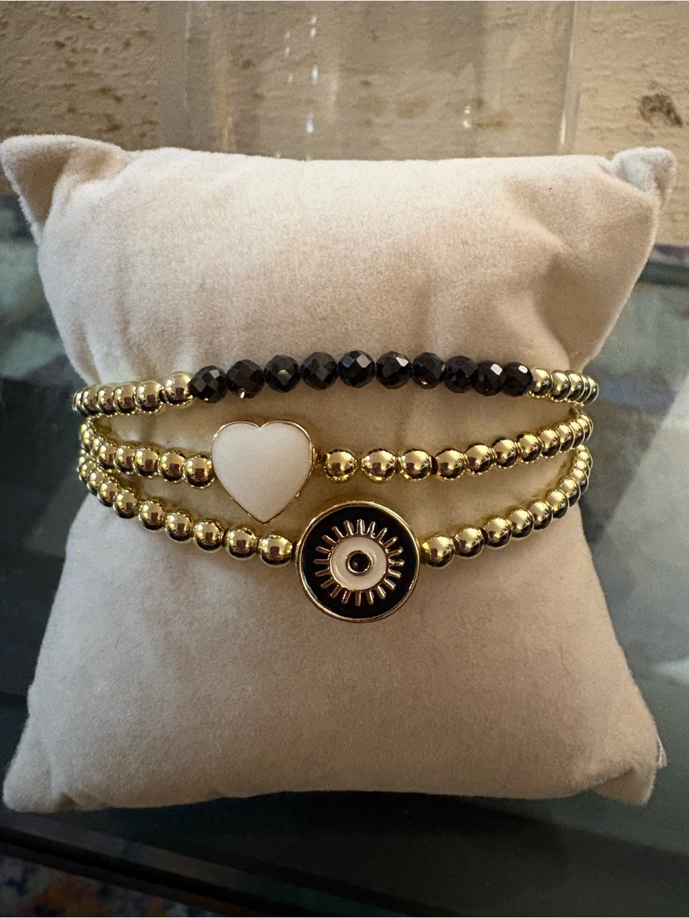 Gold and Black Beaded Heart & Evil Eye Trio Elastic Bracelet Set (Like New!)
